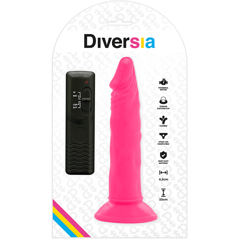 DIVERSIA - DILDO FLEXÍVE COM VIBRAO ROSA 23 CM -O- 4.3 CM - Infernum Store