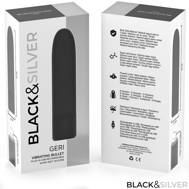 BLACK & SILVER - GERI USB RECARREGÁVEL VIBRATÓRIA BULLET 8 VIBRAÇÕES PRETO 10 X 2,2 CM - Infernum Store