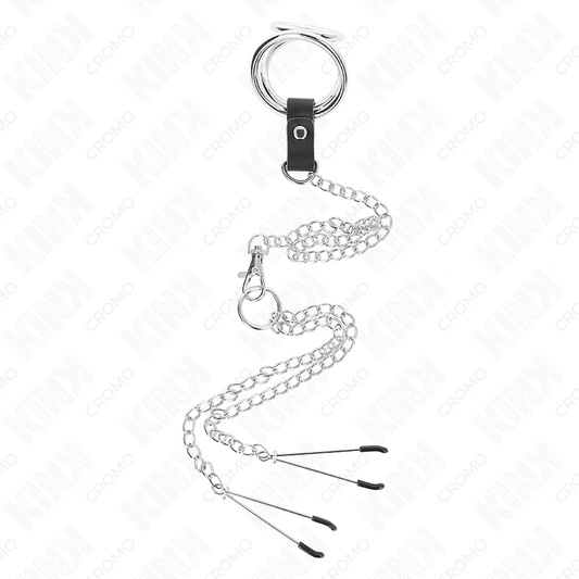 KINK - ANEL DE PÊNIS DE METAL TRIPLO CROMADO DE 3 CM A 4,5 CM COM CORRENTE DE METAL DE 26 CM E CLIPES DE MAMILO