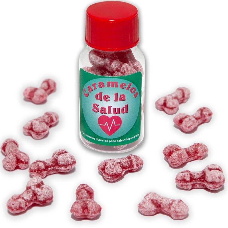 DIABLO PICANTE - 12 DOCES SAUDVEIS FORMATO DE PÊNIS MORANGO/CEREJA