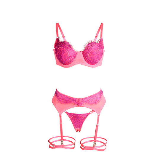 SUBBLIME - 955359 CONJUNTO DE SUTIÃ COM RENDA E LIGAS ROSA E ROXO S/M