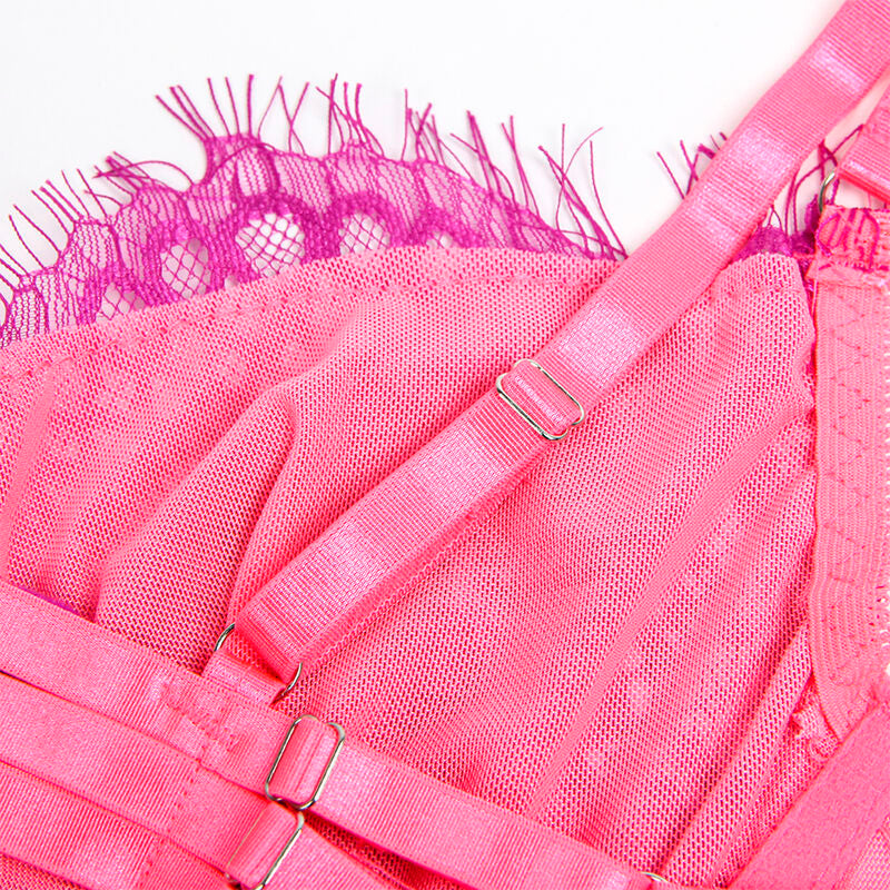 SUBBLIME - 955366 CONJUNTO DE SUTIÃ COM RENDA E LIGAS ROSA E ROXO L/XL