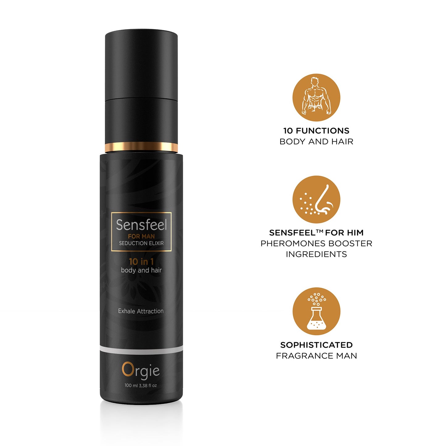 Pheromone body and hair lotion formulated with the natural-based ingredient Sensfeel For Him™ and seductive masculine fragran