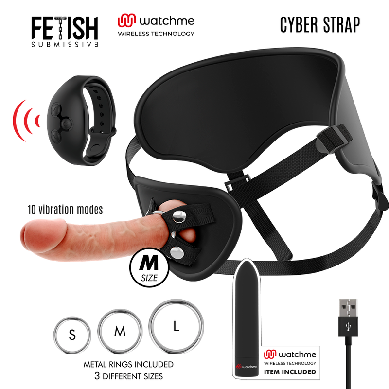 FETISH SUBMISSIVE CYBER STRAP - HARNESS WITH DILDO AND BULLET REMOTE CONTROL WATCHME M TECHNOLOGY