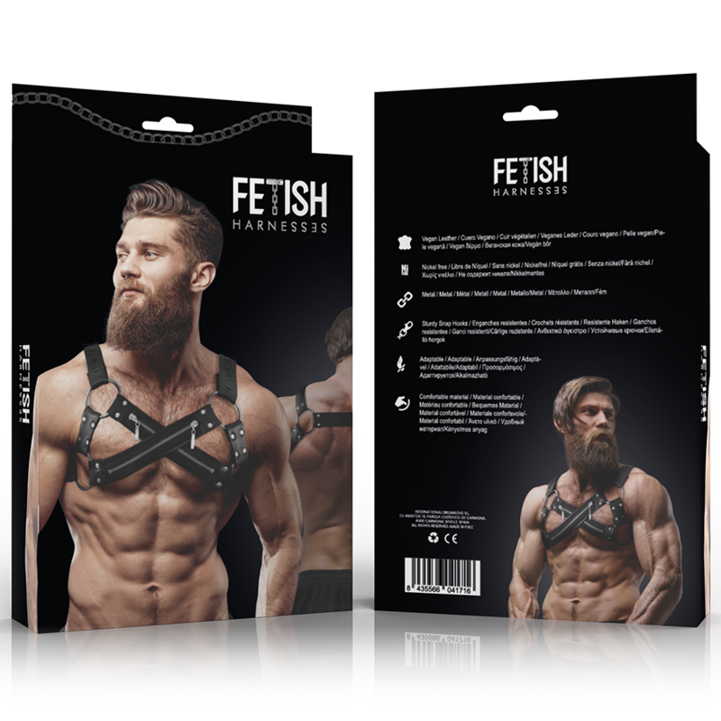 FETISH SUBMISSIVE ATTITUDE - ARNÊS DE NEOPRENE AJUSTVEL CROSS-OVER PEITO BULLDOG COM ZÍPERS PARA HOMENS