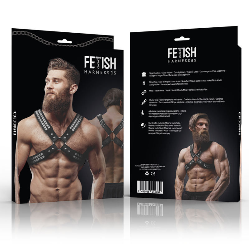 FETISH SUBMISSIVE ATTITUDE - ARNÊS DE COURO ECOLÓGICO COM PEITO CRUZADO E REBITES PARA HOMENS