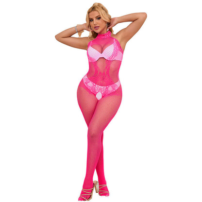 SUBBLIME - 952389 BODYSTOCKING SEM FUNDO DE REDE E RENDA COM GOLA ALTA ROSA TAMANHO ÚNICO