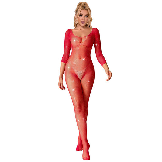 SUBBLIME - 952419 BODYSTOCKING DE REDE COM DIAMANTES MANGA COMPRIDA VERMELHO TAMANHO ÚNICO