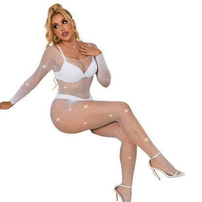 SUBBLIME - 952396 BODYSTOCKING DE REDE COM DIAMANTES MANGA COMPRIDA BRANCO TAMANHO ÚNICO