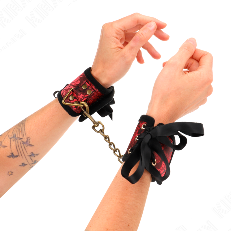 KINK - SCANDAL WRIST RESTRAINTS RED-BLACK LACE DETAILS 24.5 CM X 6.5 CM