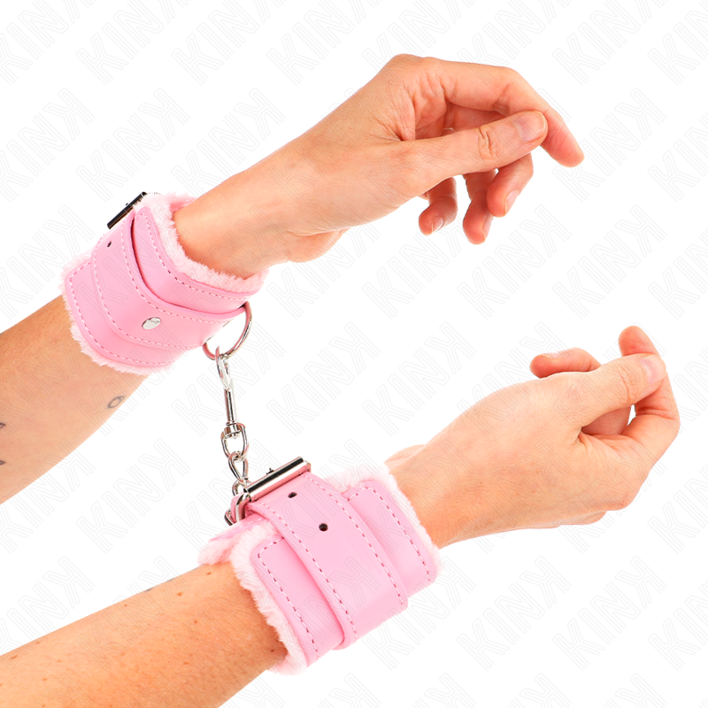 KINK - FUR LINED WRIST RESTRAINTS PINK WITH PINK BELT ADJUSTABLE 17-29 CM X 6 CM