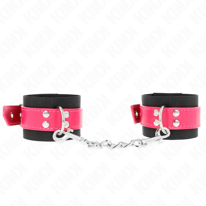 KINK - NYLON WRIST RESTRAINTS BLACK WITH LEATHERETTE BELT RASPBERRY ROSE ADJUSTABLE 19-29 CM X 5.1 CM