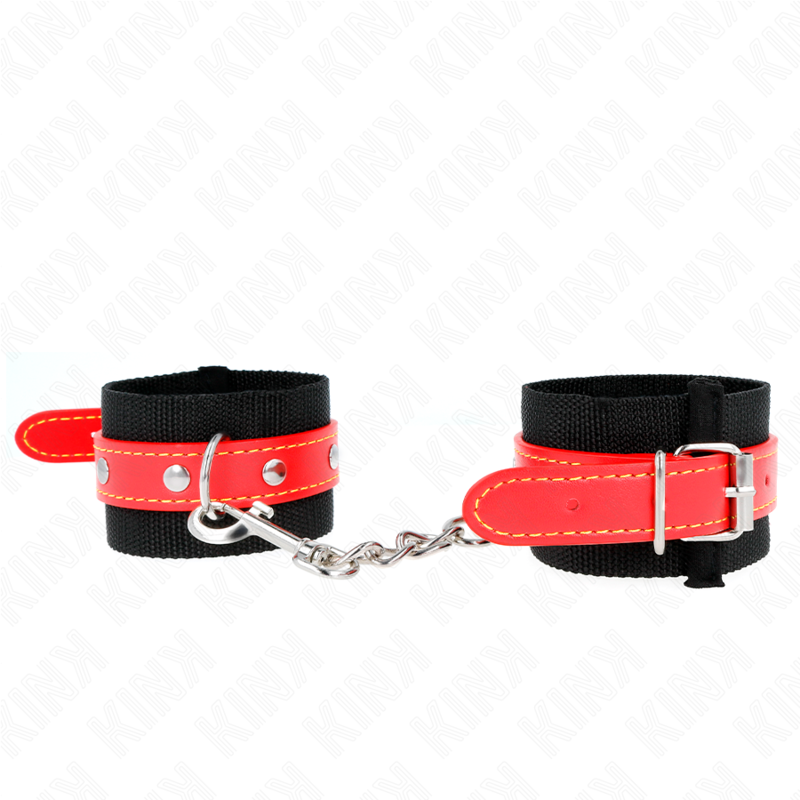 KINK - NYLON WRIST RESTRAINTS BLACK WITH LEATHERETTE RED ADJUSTABLE 19-24 CM X 5.5 CM