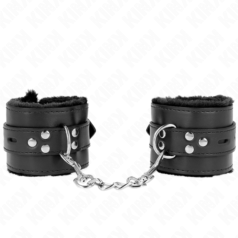 KINK - FUR LINED WRIST RESTRAINTS WITH SQUARE HOLES BLACK AND BLACK BELT ADJUSTABLE 17-29 CM X 6 CM