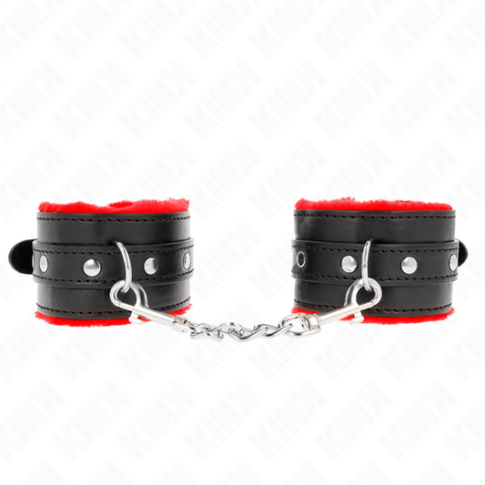 KINK - PREMIUM FUR LINED WRIST RESTRAINTS RED WITH BLACK BELT ADJUSTABLE 17-29 CM X 6 CM