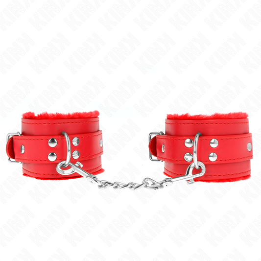 KINK - FUR LINED WRIST RESTRAINTS RED WITH RED BELT ADJUSTABLE 17-29 CM X 6 CM