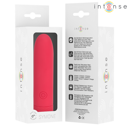 INTENSE - SYMONE USB RECARREGÁVEL VIBRATÓRIA BULLET 8 VIBRAÇÕES VERMELHO 10 X 2,2 CM