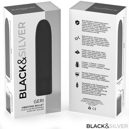 BLACK & SILVER - GERI USB RECARREGÁVEL VIBRATÓRIA BULLET 8 VIBRAÇÕES PRETO 10 X 2,2 CM