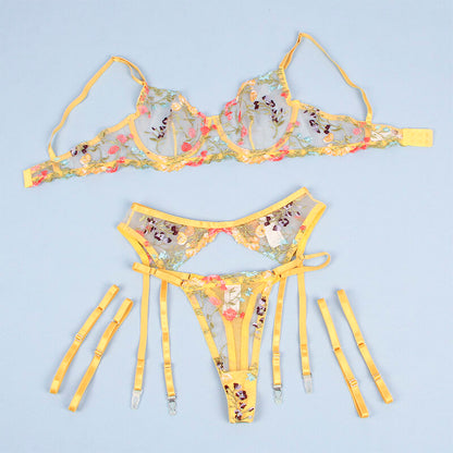 SUBBLIME - 954345 SUTIÃ + TANGA + CINTO-LIGA DESIGN FLORAL AMARELO S/M