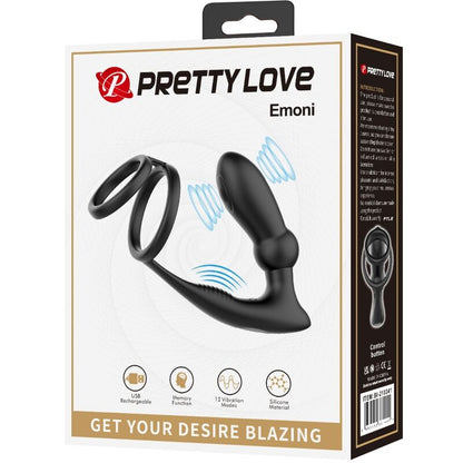 PRETTY LOVE - ANEL PENIS EMONI + PLUG ANAL 12 VIBRAÇÕES PRETO