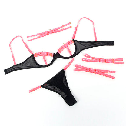 SUBBLIME - 955298 CONJUNTO DE SUTIÃ COM COLAR E DETALHES NAS PERNAS ROSA FLUORESCENTE S/M