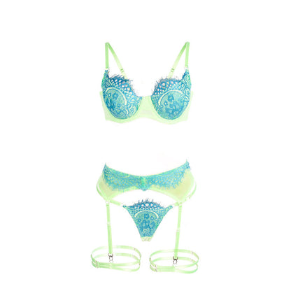 SUBBLIME - 955311 CONJUNTO DE SUTIÃ COM RENDA E LIGAS VERDE E AZUL S/M