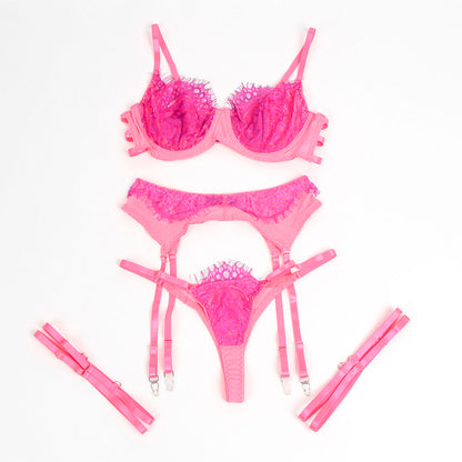 SUBBLIME - 955366 CONJUNTO DE SUTIÃ COM RENDA E LIGAS ROSA E ROXO L/XL