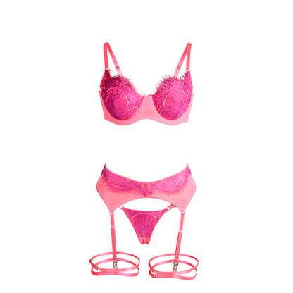 SUBBLIME - 955366 CONJUNTO DE SUTIÃ COM RENDA E LIGAS ROSA E ROXO L/XL