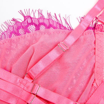 SUBBLIME - 955366 CONJUNTO DE SUTIÃ COM RENDA E LIGAS ROSA E ROXO L/XL