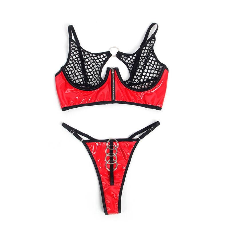 SUBBLIME - 955533 CONJUNTO DE SUTIÃ DE COURO VERMELHO COM ZÍPER DE MALHA S/M