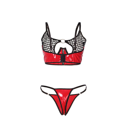SUBBLIME - 955533 CONJUNTO DE SUTIÃ DE COURO VERMELHO COM ZÍPER DE MALHA S/M