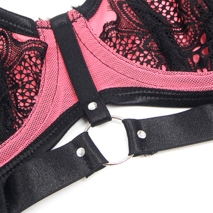SUBBLIME - 955571 CONJUNTO DE SUTIÃ DE COURO VERDE COM ZÍPER DE MALHA ROSA P/M