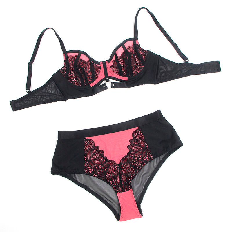 SUBBLIME - 955588 CONJUNTO DE SUTIÃ DE COURO VERDE COM ZÍPER DE MALHA ROSA L/XL