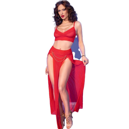 CHILIROSE - CR 4850 CONJUNTO DE TOP E LEGGING VERMELHO COM ACESSÓRIOS DOURADOS L
