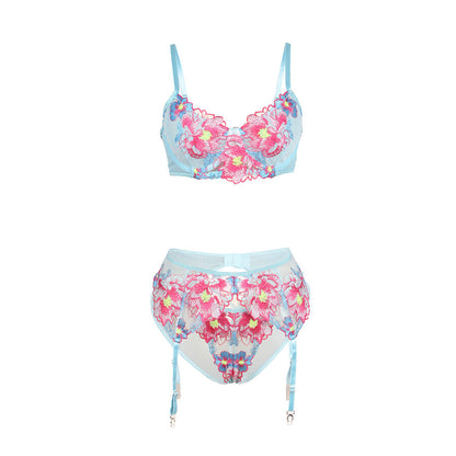 SUBBLIME - 957643 CONJUNTO DE SUTIÃ E CINTO-LIGA BORDADO COM FLORES ROSA S/M