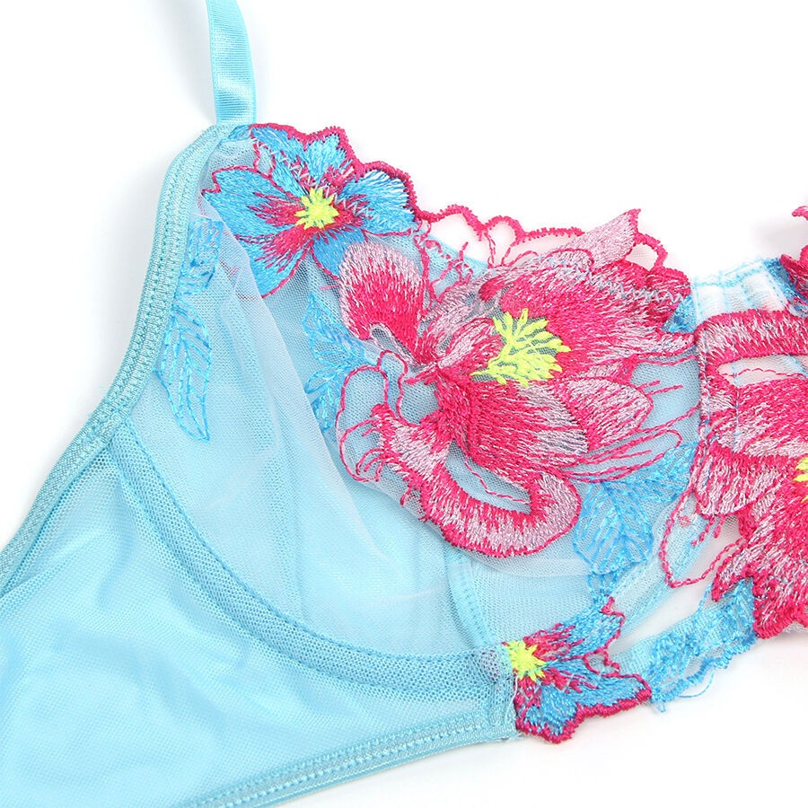 SUBBLIME - 957643 CONJUNTO DE SUTIÃ E CINTO-LIGA BORDADO COM FLORES ROSA S/M
