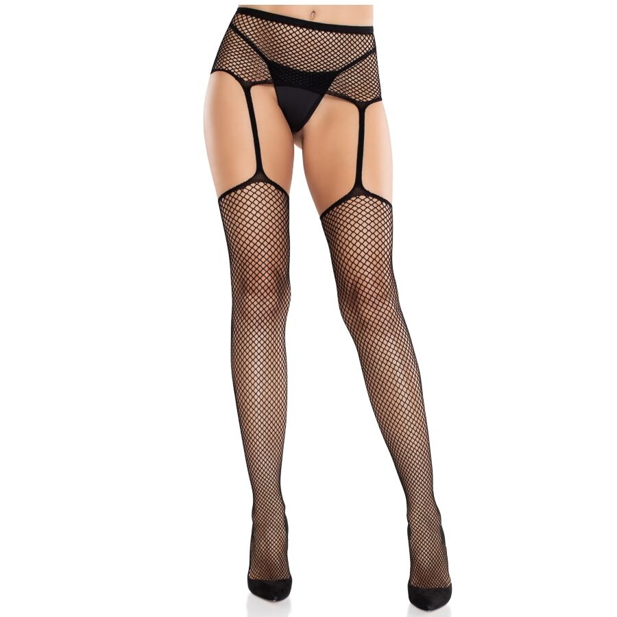 LEG AVENUE - MEIAS DE RENDA COM CRUZ E CINTO-LIGA PRETO