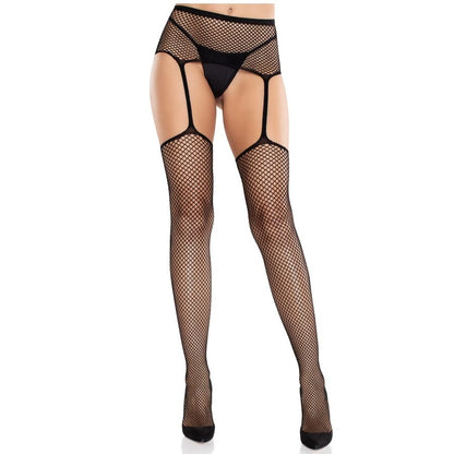 LEG AVENUE - MEIAS DE RENDA COM CRUZ E CINTO-LIGA PRETO