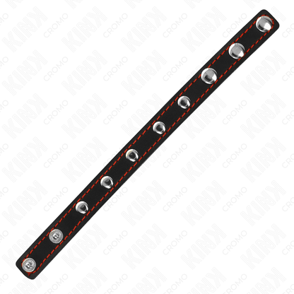 KINK - ANEL DE COURO PARA PÊNIS COM FECHO DE PRESSÃO FORRO VERMELHO 21 X 1,5 CM