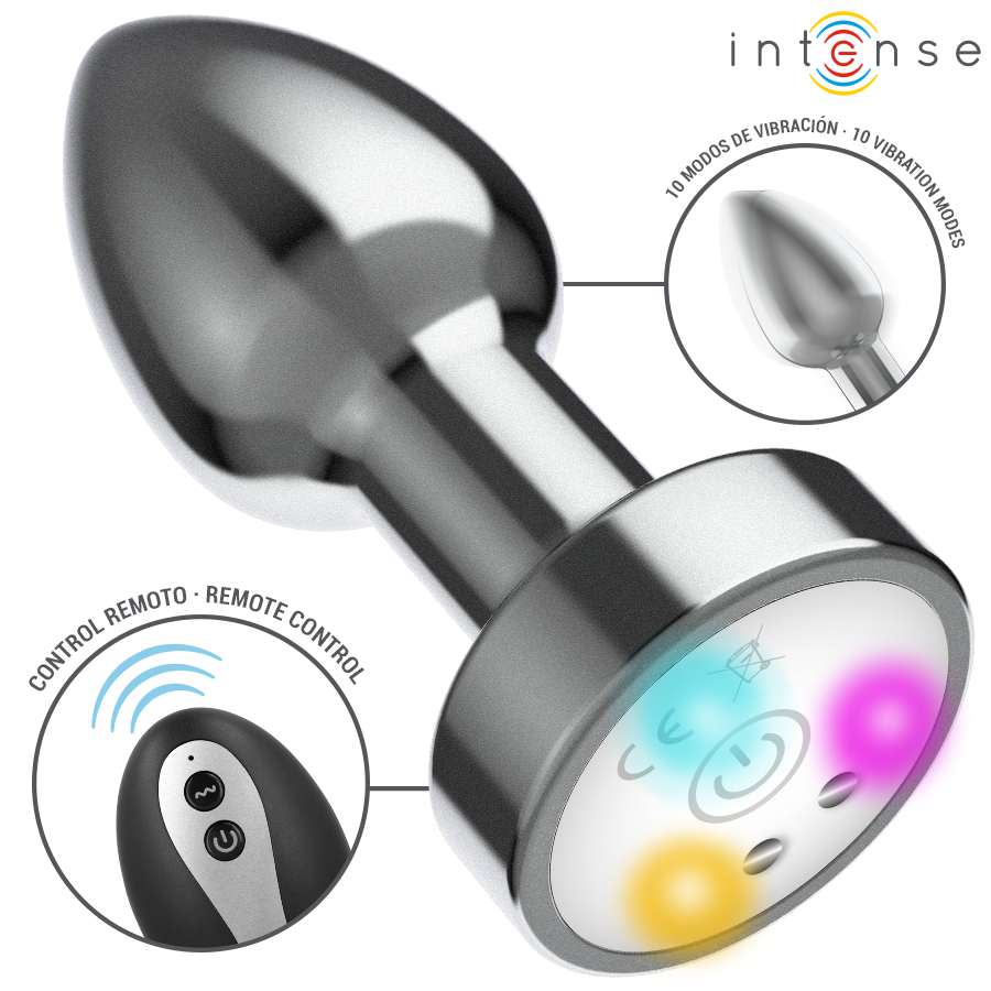 INTENSE - PLUG ANAL DE METAL VIBRANTE COM LUZES LED E CONTROLE REMOTO - TAMANHO M