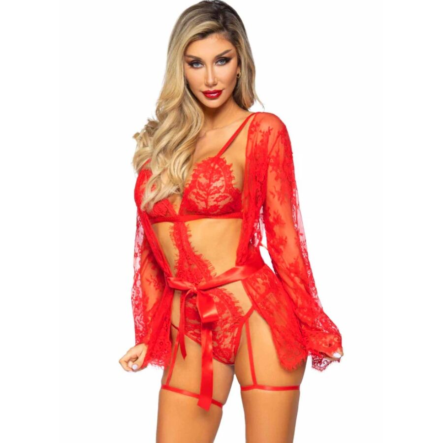 LEG AVENUE - 86123 TEDDY + GARTER ROBE SET RED SIZE S