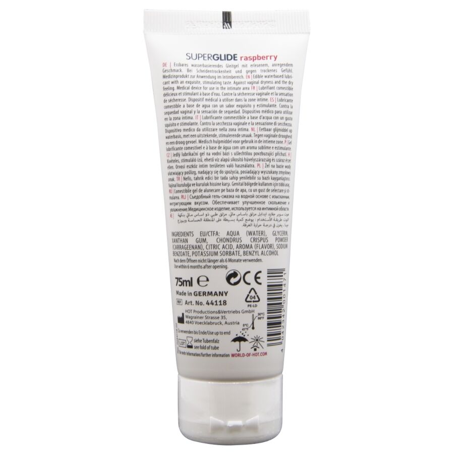 HOT - SUPERGLIDE LUBRIFICANTE COMESTÍVEL À BASE DE ÁGUA COM SABOR FRAMBOESA 75 ML - Infernum Store
