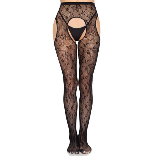 LEG AVENUE - 1967 MEIA-CALÇA COM LIGAS EM REDE PRETA - TAMANHO ÚNICO - Infernum Store