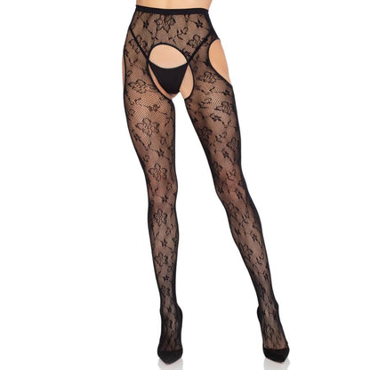 LEG AVENUE - 1967 MEIA-CALÇA COM LIGAS EM REDE PRETA - TAMANHO ÚNICO - Infernum Store