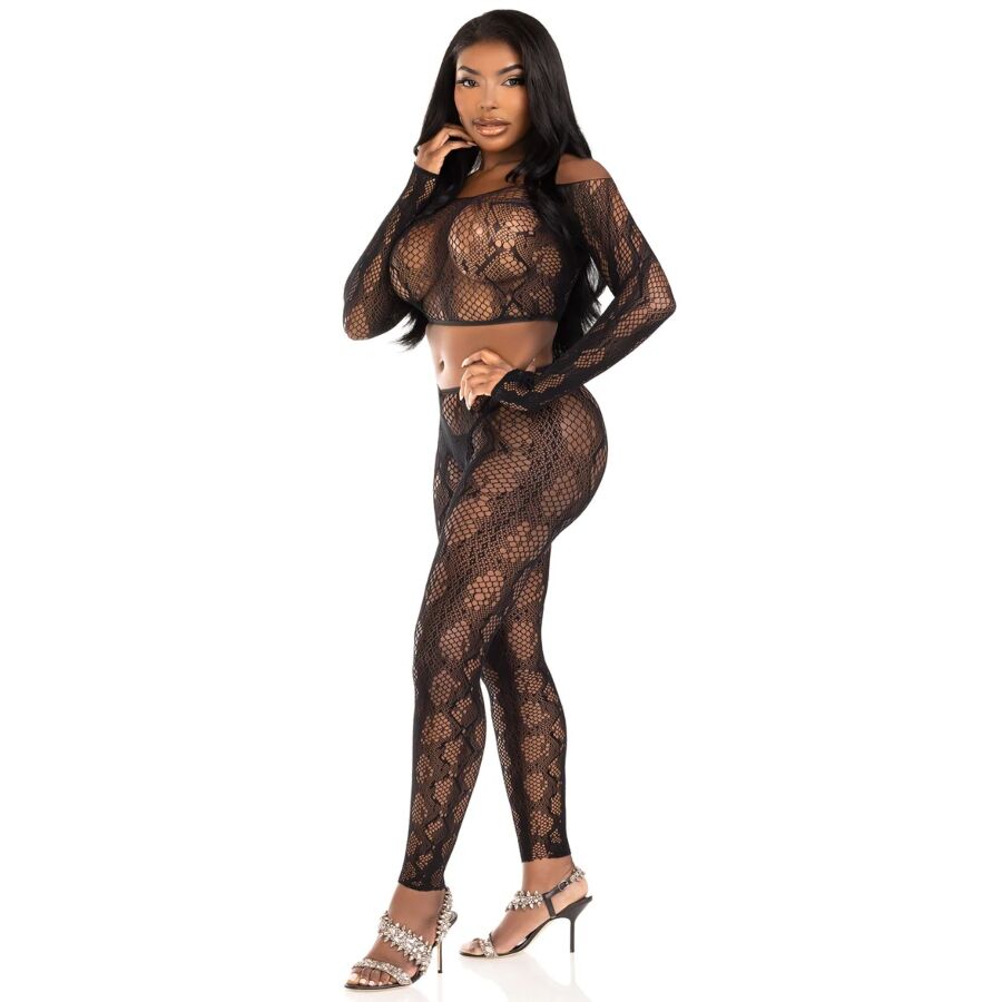 LEG AVENUE - 89373 TOP CROPPED COM ESTAMPA DE PYTHON E MEIA-CALÇA SEM PÉ PRETA - TAMANHO ÚNICO - Infernum Store