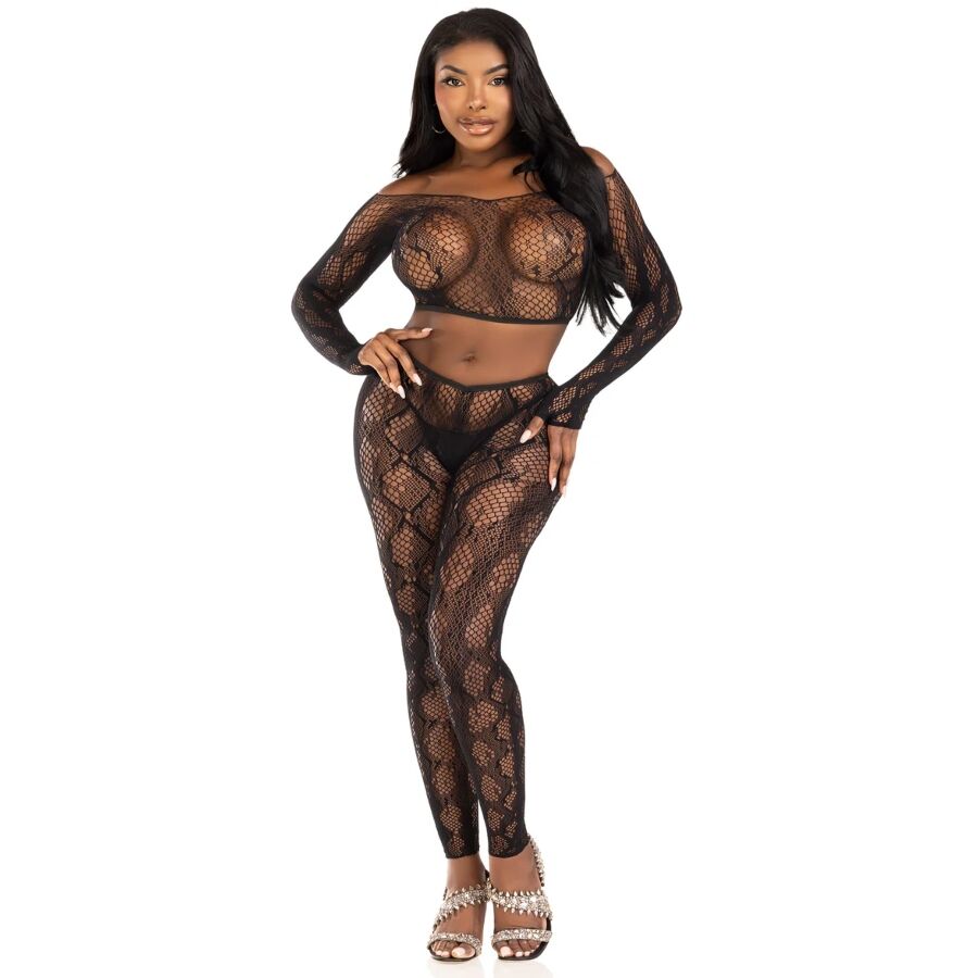 LEG AVENUE - 89373 TOP CROPPED COM ESTAMPA DE PYTHON E MEIA-CALÇA SEM PÉ PRETA - TAMANHO ÚNICO - Infernum Store