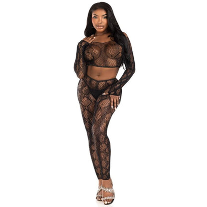 LEG AVENUE - 89373 TOP CROPPED COM ESTAMPA DE PYTHON E MEIA-CALÇA SEM PÉ PRETA - TAMANHO ÚNICO - Infernum Store