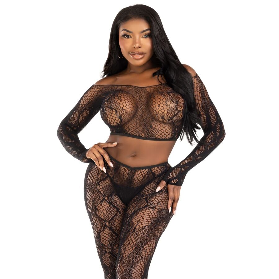 LEG AVENUE - 89373 TOP CROPPED COM ESTAMPA DE PYTHON E MEIA-CALÇA SEM PÉ PRETA - TAMANHO ÚNICO - Infernum Store