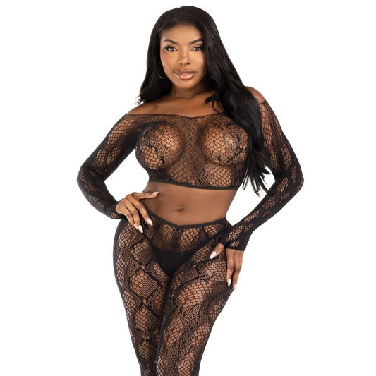 LEG AVENUE - 89373 TOP CROPPED COM ESTAMPA DE PYTHON E MEIA-CALÇA SEM PÉ PRETA - TAMANHO ÚNICO - Infernum Store