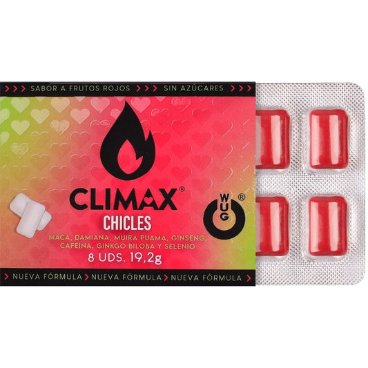 WUG Climax - Goma de mascar funcional com Maca, Damiana e Ginseng para aumentar o desejo e a vitalidade íntima. Cartela com 8 unidades. - Infernum Store